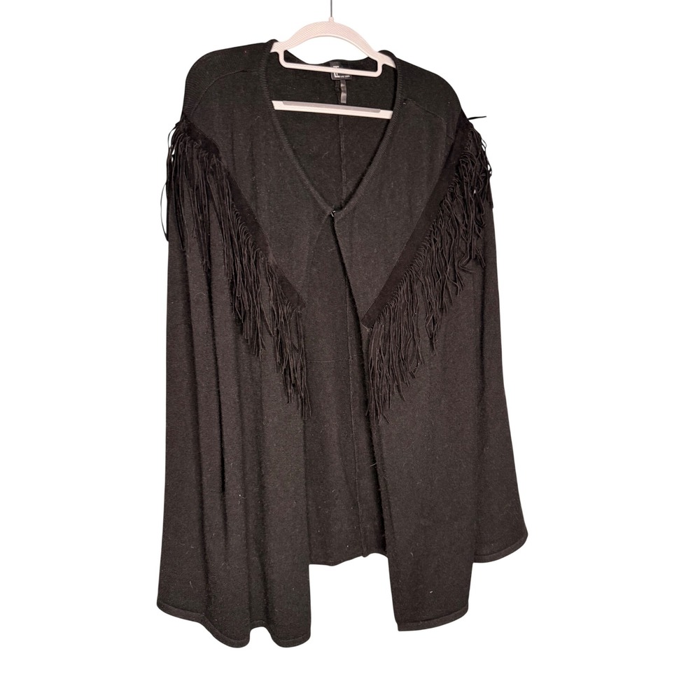 Love Token‎ Black fringe open front cardigan shawl/cape sweater